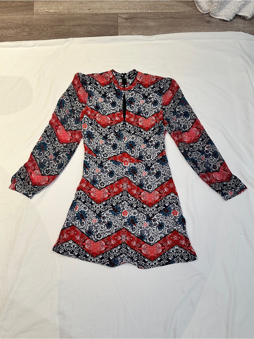 Express Red and Navy Chevron Floral Long-Sleeve Romper